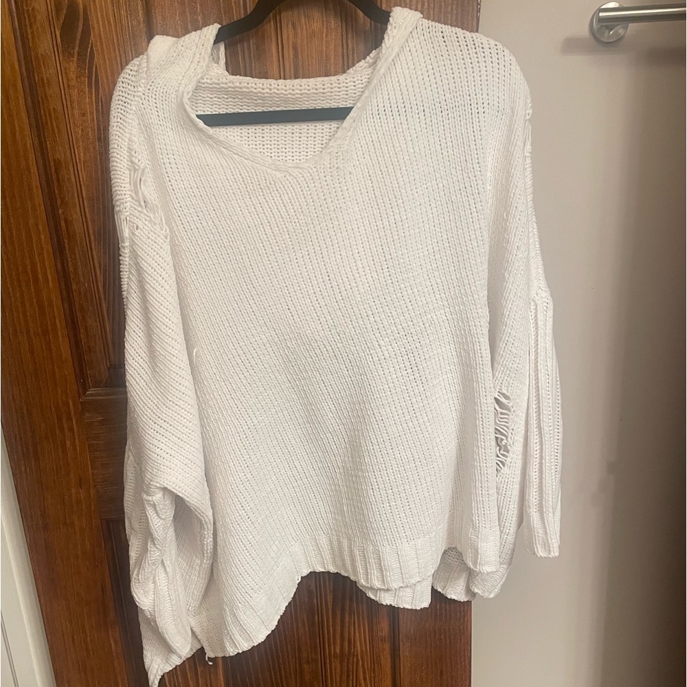 12th Tribe White Distressed Hooded Sweater